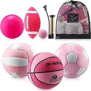 RoundFunny 6 Pcs Multi Sport Ball Set Official Size Football, Basketball, Soccer, Volleyball, Playground Ball, Baseball with Equipment Bag Pump for Teen Adult Sport Gift Back to School