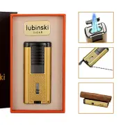Lubinski Triple Jet Flame Torch Cigar Lighter With Punch Drill Holder Gift Box