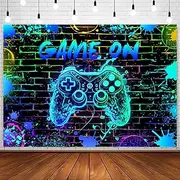 InMemory Game On Neon Backdrop Boys Video Arcade Gaming Level Up Gamer Birthday Party Decoration Banner Glow Gamepad Graffiti Splash Brick Wall Photography Background 7x5ft
