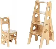 step ladder 4 Tier Folding Step Ladder, Convertible Multi-Functional 3-in-1 Wood Ladder Chair, 330 lbs Capacity, Plant Stand Display Ladder and Storage Shelf for Library, Home Kitchen folding step sto