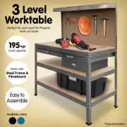 3-Layer Steel Work Bench Garage Storage Table Tool Shelf Pegboard Drawer Silver