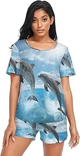 [RPLIFE] Young Dolphins Jumping Blue Water Sunshine Sleepwear Short Sets for Women, Womens Matching Pajama Set, Young Dolphins Jumping Blue Water Sunshine, Large