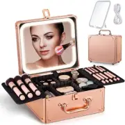 Travel Makeup Case with Magnetic Lighted Mirror, Hardshell Train Case Makeup ...