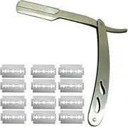 Barber Straight Edge Shaving Razor – Professional Razors with 10 Double Sided Blades – by DMX INTL (Silver)