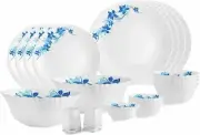 Cello Blue Swirl Opalware Dinner Service Set 20 Piece White Dinnerware Serveware