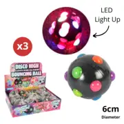 3x Disco Kids Flashing Glitter Ball High Bouncing Light up Novelty Sensory 6.5cm
