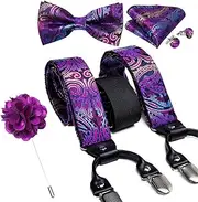 [keusyoi] Luxury Men's White Silk Suspenders Adjustable 6 Clips Braces Leather Metal Bow Tie Brooch Pocket Square Set