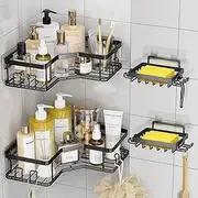 Corner Shower Caddy, Corner Shower Shelf with Hooks/Soap Tray, Bathroom Storage Organizer, Wall Mounted Shower Caddy Shelf with Adhesive, Shower Shelves for Toilet, Dorm and Kitchen