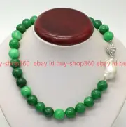 Natural Rare 14mm Green Jadeite Round Gems Beads Baroque Pearl Necklace 18"
