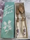 Vintage Salad Server Set Wood Blue Teapot White Handle Fork &Spoon Hakusan Japan