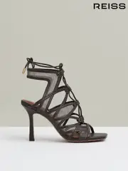 Reiss Chocolate Kimberly Mesh Leather Strappy Heels (E14749) | $350