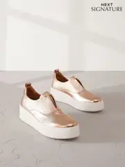 Rose Gold Slip On Signature Forever Comfort® Leather Chunky Wedge Platform Trainers (F13455) | $94