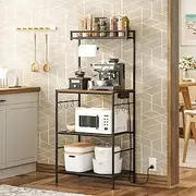 Bakers Rack with Power Outlet, Kitchen Storage Shelf with Paper Holder, Microwave Stand, Coffee Bar with 6 Hooks, Socket with Switch, for Kitchen, Dining Room, Rustic Brown BRHR36E01