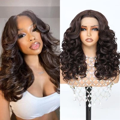 Big Curly Synthetic Elastic loose Wave Clearlace Lace Wig with Bangs, 22 Inch...