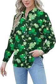 [MYHALF] St Patricks Day Shirts for Women Lucky Shamrock Long Sleeve Button Down Shirt Irish St. Patricks Outfit