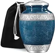 GSM Brands Cremation Urn for Adult Human Ashes - Large Handcrafted Funeral Memorial with Striking Blue Design (Aluminum - 10 Inch Height x 7 Inch Width)
