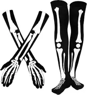 [WILLBOND] Halloween Skeleton Gloves Spider Web Arm Warmer Over Knee Skeleton Socks Spider Web Stockings for Men Women Halloween Costume