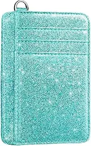 [COCO ROSSI] Slim Front Pocket Wallet RFID ID Card Holder Cute Small Wallet with Keychian for Women, Glitter Tiffany, Slim, Minimalist