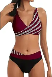[Generic] Plus Size Bikinis Women's Summer Casual Bikini Split Print Swimsuit Plus Size Swimsuits for Women 4X (Wine-b, XL)