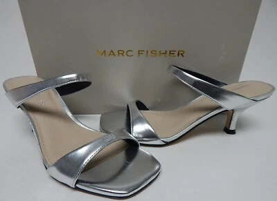 Marc Fisher Gayna Size US 5.5 M Women's Square Toe 2-Band Slide Sandals Silver