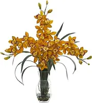 Nearly Natural 1615-YL Triple Orchid Cymbidium in Vase Arrangement Artificial Plant, Yellow
