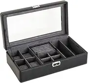 AIMALL Single Layer Black Watch and Jewellery Display Box with Clear Glass Top, Removable Compartment, Litchi Grain Texture, Organiser for Rings, Earrings, Bracelets, 14.17"x7.48"x3.54"