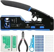 Oimzzr RJ45 Crimp Tool Kit All in One Pass Through Crimping Tool for Cat5e Cat6 Cat6a Pass Through Connector with 100Pcs Connectors 100Pcs Covers Network Cable Pliers Tester B s Blue