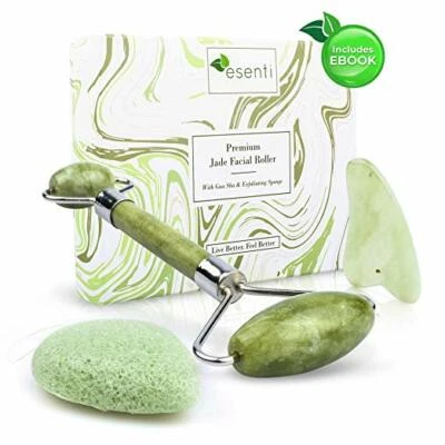 Jade Roller Set w/ Gua Sha & Konjac Facial Sponge Natural Skin Care Face Roller