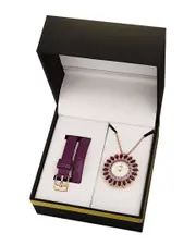 Burgi Women's Leather Interchangeable Watch & Pendant Necklace Set