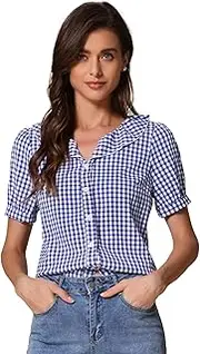 [Allegra K] Plaid Blouse for Women's Puff Sleeve Ruffle Peter Pan Collar Shirt Top