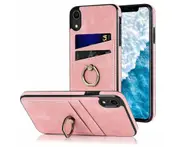 Full Protection Cover for iPhone XR, 2 Cards PU Leather Case with Ring Holder - Pink