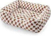 JOEJOY Dog Bed for Medium Small Dogs - Rectangle Orthopedic Dog Sofa Bed, Cute Modern Puppy Bed with Jacquard Shaggy Plush & Anti Slip Bottom, 25x21x8inches, Brown