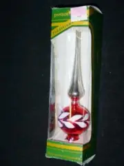 Vintage Pyramid Christmas Blown Glass Ornament Tree Topper Top Red Silver 7.25"