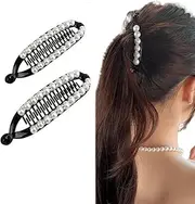 [Generic] 2Pcs Pearl Banana Hair Clip Fishtail Fish Hair Pins Hair Comb Double Clip Slide Clip Ponytail Hair Comb Barrettes for Women Girls (Black, One Size)