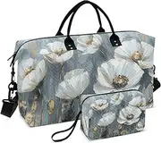 [ZRYSMY] Duffel Bag for Traveling, Abstract White Gold Floral Travel Bag Gym Bag, with Multiple Interior Pockets Shoulder Weekender Bag for Women Men with Toiletry Bag 20.5L x 1.9W x 13.8H