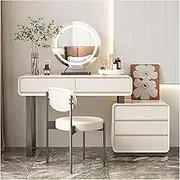 Wood Stainless Steel Frame Vanity Desk, Makeup Vanity Set with LED Lighted Mirror, Side Cabinet, Woman Dressing Table, Cushioned Stool Sturdy