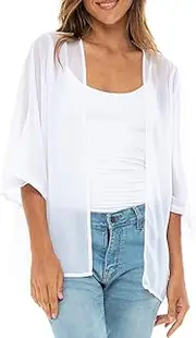 [Back From Bali] Womens Sheer Kimono Cardigan Short Open Front ¾ Sleeve Chiffon Duster