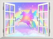 Unicorns 3D Effect Window View Wall Sticker Children Decal Poster Rainbow Mural