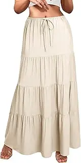 [Ezcosplay] Women Ruffle Tiered Cotton Maxi Skirt Drawstring Elastic High Waisted Pleated A Line Swing Long Skirts, Beige, Small
