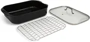 Blu. Cookware 34x24 Roaster with Lid, Roasting Rack - Toxin-Free, Durable Non-Stick Ceramic, Recycled Aluminium, PFA/PFOA-Free Roasting Pan Suitable for All Hobs, Includes Bamboo Cleaning Brush