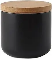 Pure Color Ceramic Sugar Bowl with Wooden Lid Sugar Dispenser Salt Pepper Storage Jar Pot Sugar Container Seasoning Pot Box Condiment Spice Racks Holder for Home Kitchen, Black