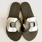 Women's Designer Top Grain Leather Interlocking Band Slip On Flat Sandals Slides
