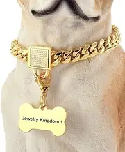 sokpet Gold Dog Chain Collar with Secure Buckle with Ice-Out Cubic Zirconia Stones and Dog Tag 18K Metal Stainles Steel Cuban Link Chain Walking Training Choke Collar (10MM, 22")