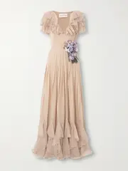 [Valentino Garavani] Valentino Garavani - Belted Ruffled Embellished Silk-georgette Gown - Light brown - IT38 IT 38 Brown