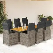 9 Piece Garden Bistro Set with Cushions Grey Poly Rattan,Outdoor Furniture Sets-3277029