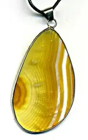 large AGAT PENDANT, on black leather cord, silver framed