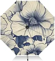 [PDZRMY] Lline Blue Flower UV Protection Travel Umbrella Compact for Rain and Sun - Auto Open and Close UPF 50+ Windproof Portable 46” Sun Umbrella for Women and Men