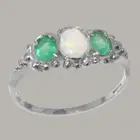 Solid 14k White Gold Natural Opal & Emerald Womens Trilogy Ring - Sizes 4 to 12