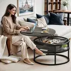 Rustic Round Lift Top Coffee Table Pet Friendly Scratchproof Wood Hidden Storage