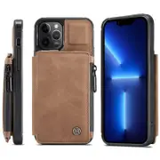 For Apple iPhone 13 Pro CaseMe Back Zipper Wallet Case W/ 3 Card Slots, RFID Blocking, 1 Money Pocket, Credit Card Holder Leather Cover (Brown)